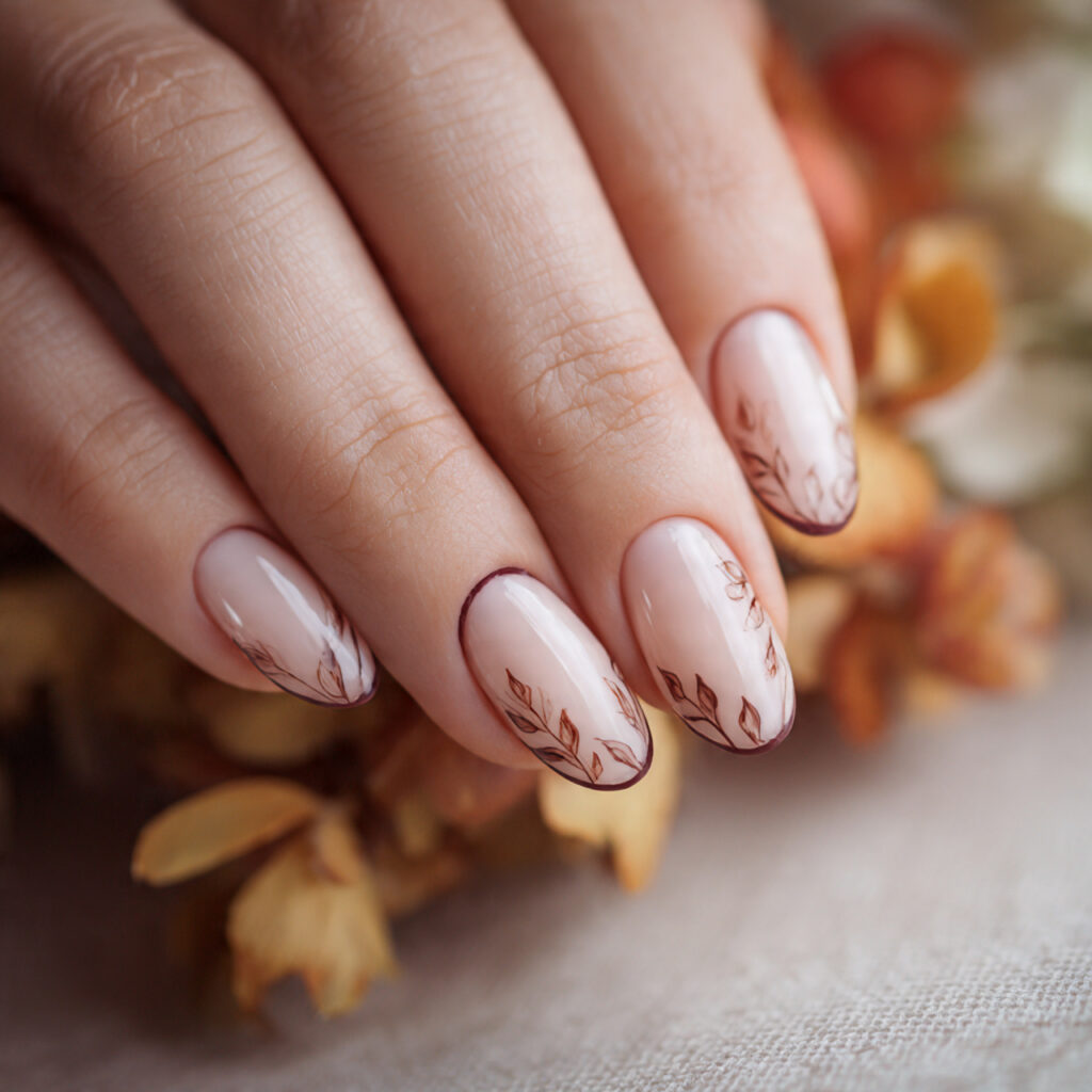 Nude Base with Leaf Art French Tips