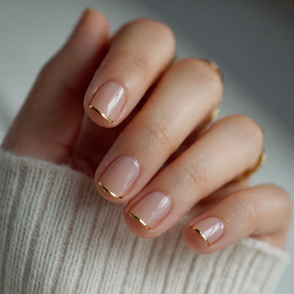 Nude Nails With Thin Gold Lines