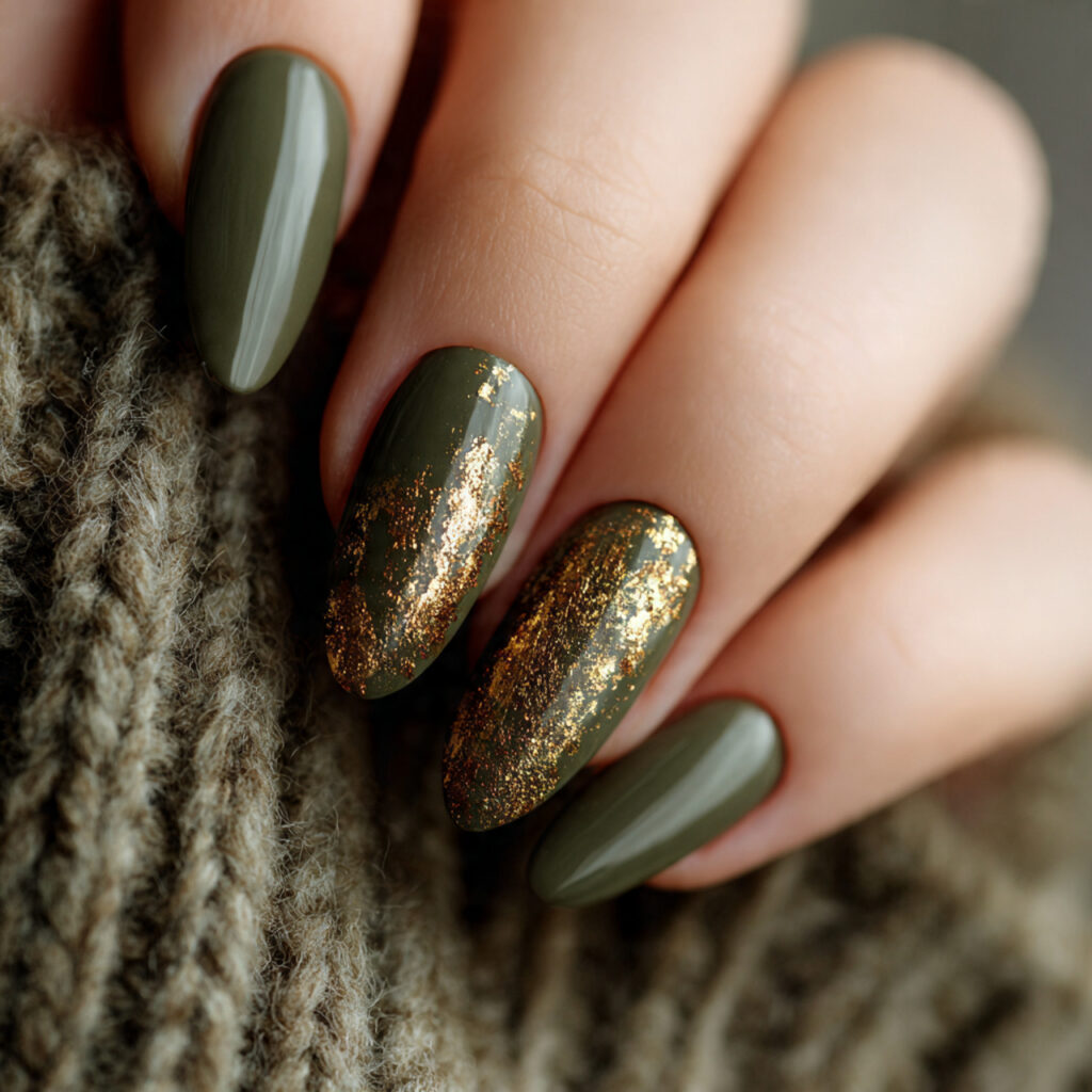 Olive Green Nails with Gold Accents