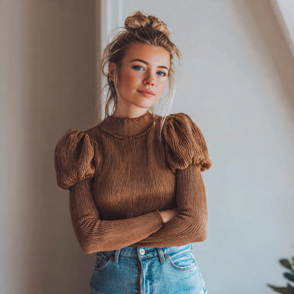 Puff Sleeve Sweaters with High-Waist Jeans