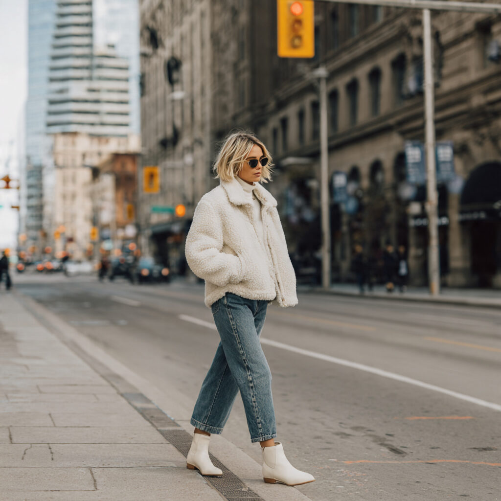 17 Best Cozy Casual Winter Outfits to Stay Warm & Stylish This Season 13 Sherpa Jacket and Straight Jeans