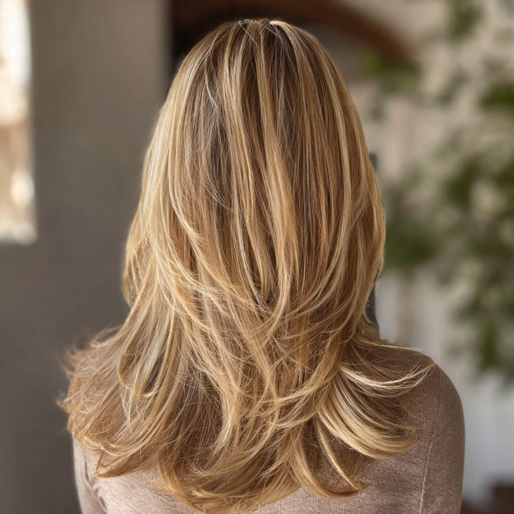 Soft Blonde Skunk Highlights on Long Layers