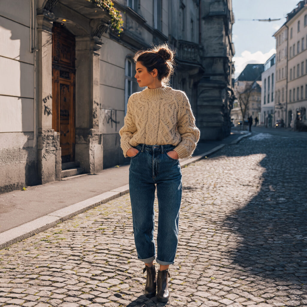 18 Best Winter Fashion Outfits to Stay Warm, Chic & Effortlessly Stylish 1 Chunky Knit Sweater and High-Waisted Jeans