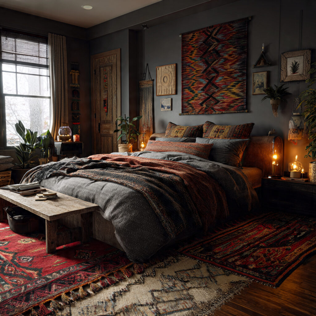 25 Dark Boho Bedroom Ideas for a Cozy, Moody & Stylish Retreat 24 Artisan Throw Rugs