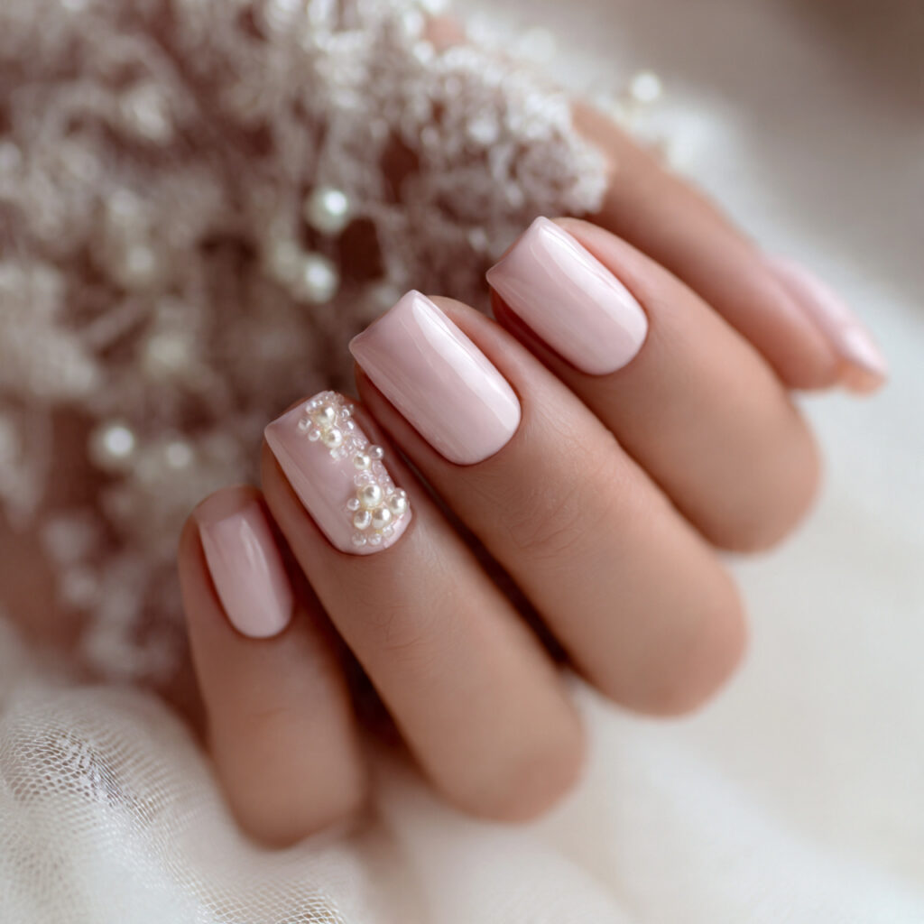 22 Perfect Pink Wedding Nail Ideas for Your Big Day 14 Baby Pink Nails with Pearl Accents
