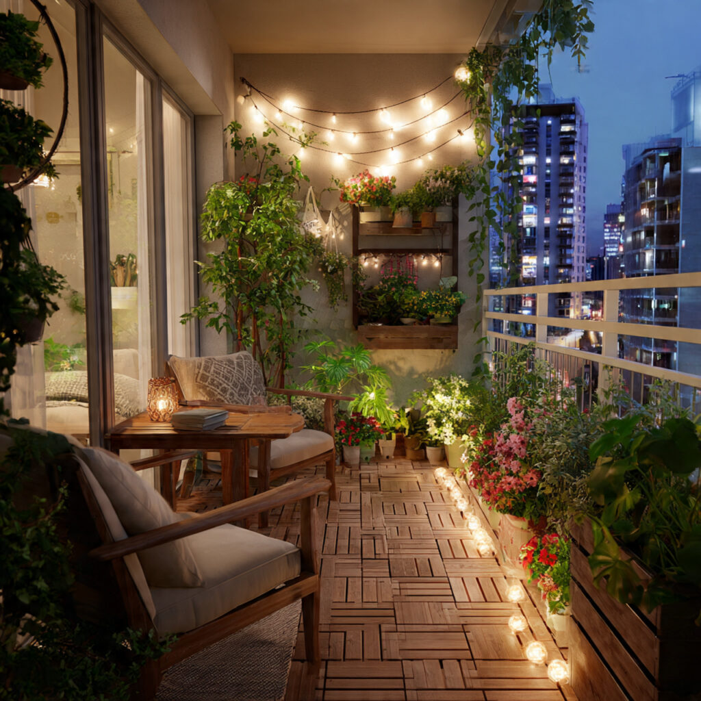 25 Creative Balcony Garden Ideas for Small Spaces 24 Balcony Garden with Nighttime Lighting