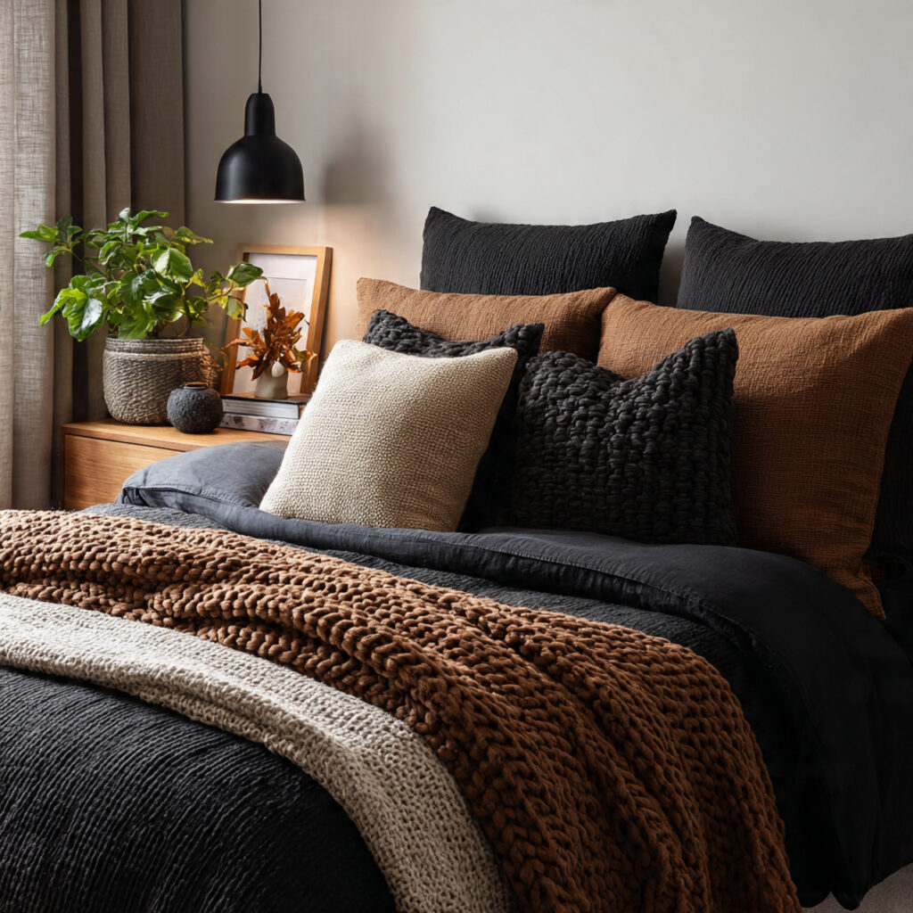 Black Bedding with Brown Throws