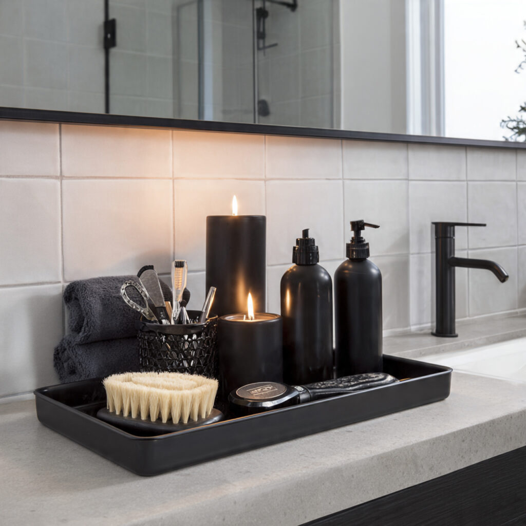25 Best Bathroom Tray Decor Ideas to Instantly Transform Your Space 8 Black Metal Tray for a Modern Edge
