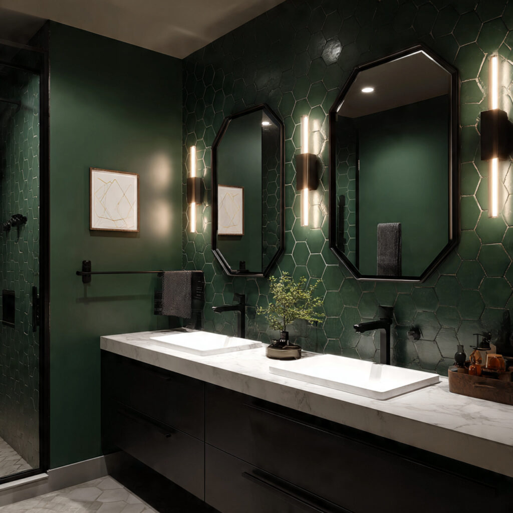 25 Stunning Emerald Green Bathroom Designs for a Luxe Refresh 4 Black-and-Emerald Drama
