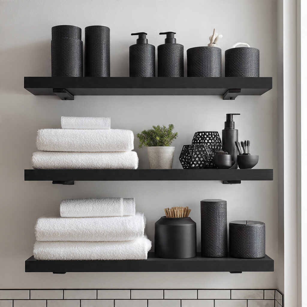 25 Bathroom Shelf Decor Ideas to Refresh Your Space Instantly 7 Black and White Chic