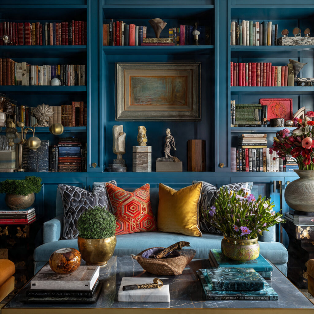 25 Maximalist Living Room Ideas: Bold Colors, Patterns & Statement Pieces 9 Bookshelves as Decor