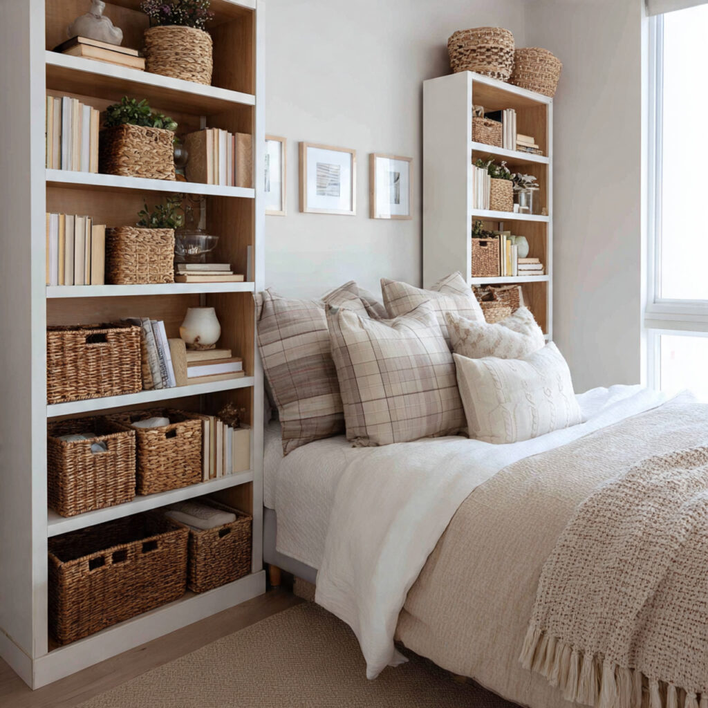 25 Stylish Bedroom Bookshelves Ideas to Transform Your Space Beautifully 14 Bookshelves with Woven Baskets
