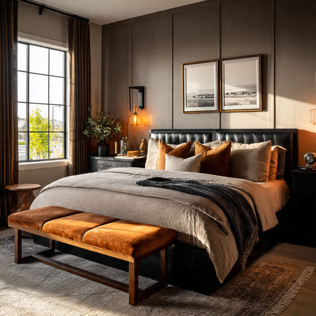 Brown Upholstered Benches at the Bed Foot