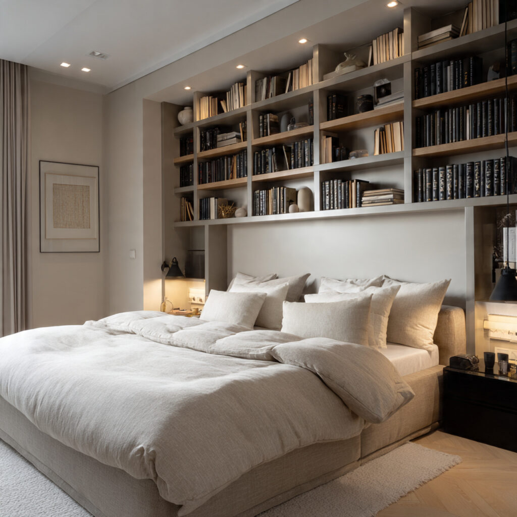 25 Stylish Bedroom Bookshelves Ideas to Transform Your Space Beautifully 3 Built-In Alcove Shelving