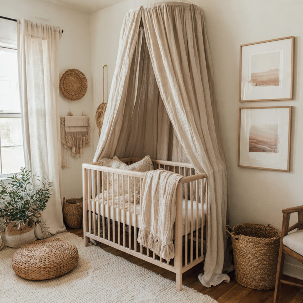 25 Boho Nursery Inspiration: Create a Calm, Stylish Baby Room You’ll Love 10 Canopy Above the Crib