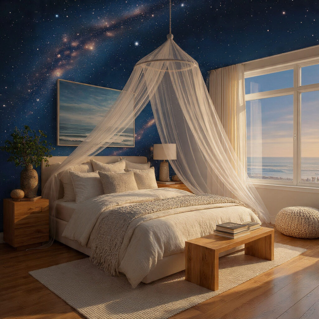 25 Beachy Bedroom Ideas to Create a Calm, Coastal Escape at Home 19 Canopy or Mosquito Netting