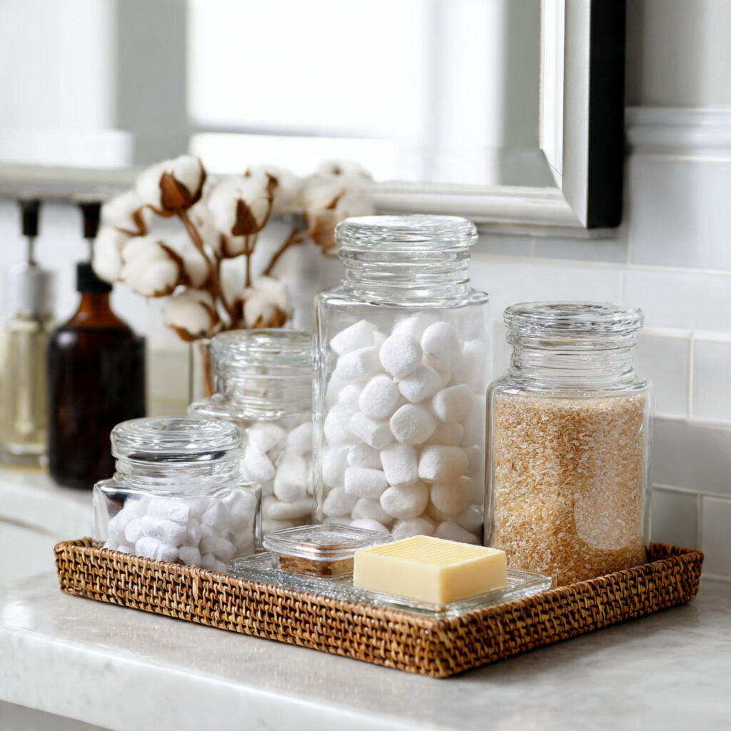 25 Best Bathroom Tray Decor Ideas to Instantly Transform Your Space 18 Clear Glass Jar Display Tray