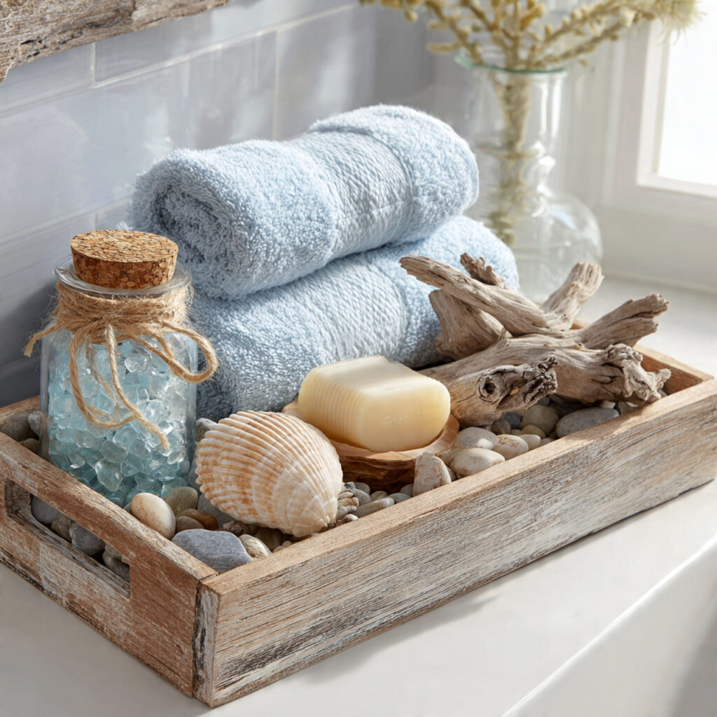 25 Best Bathroom Tray Decor Ideas to Instantly Transform Your Space 22 Coastal-Inspired Tray with Beachy Details