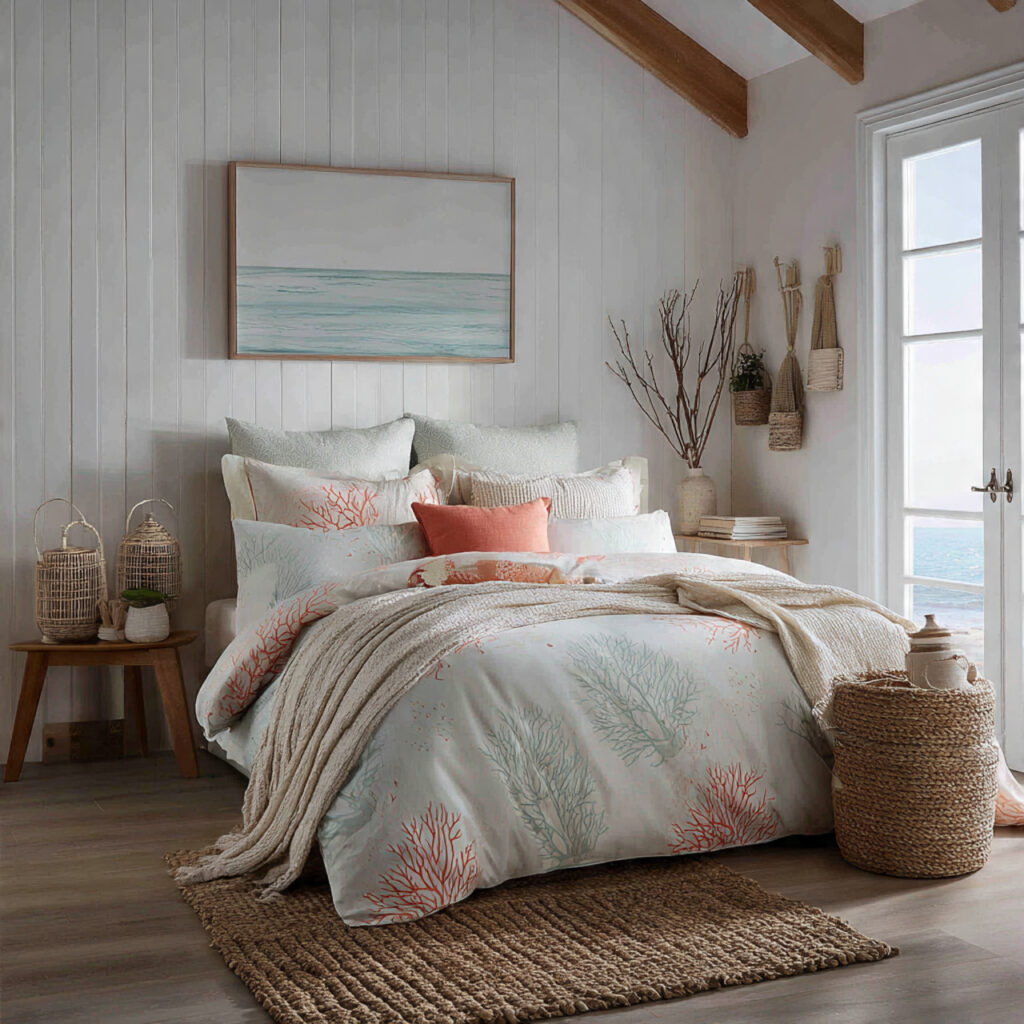 25 Beachy Bedroom Ideas to Create a Calm, Coastal Escape at Home 13 Coastal-Print Bedding