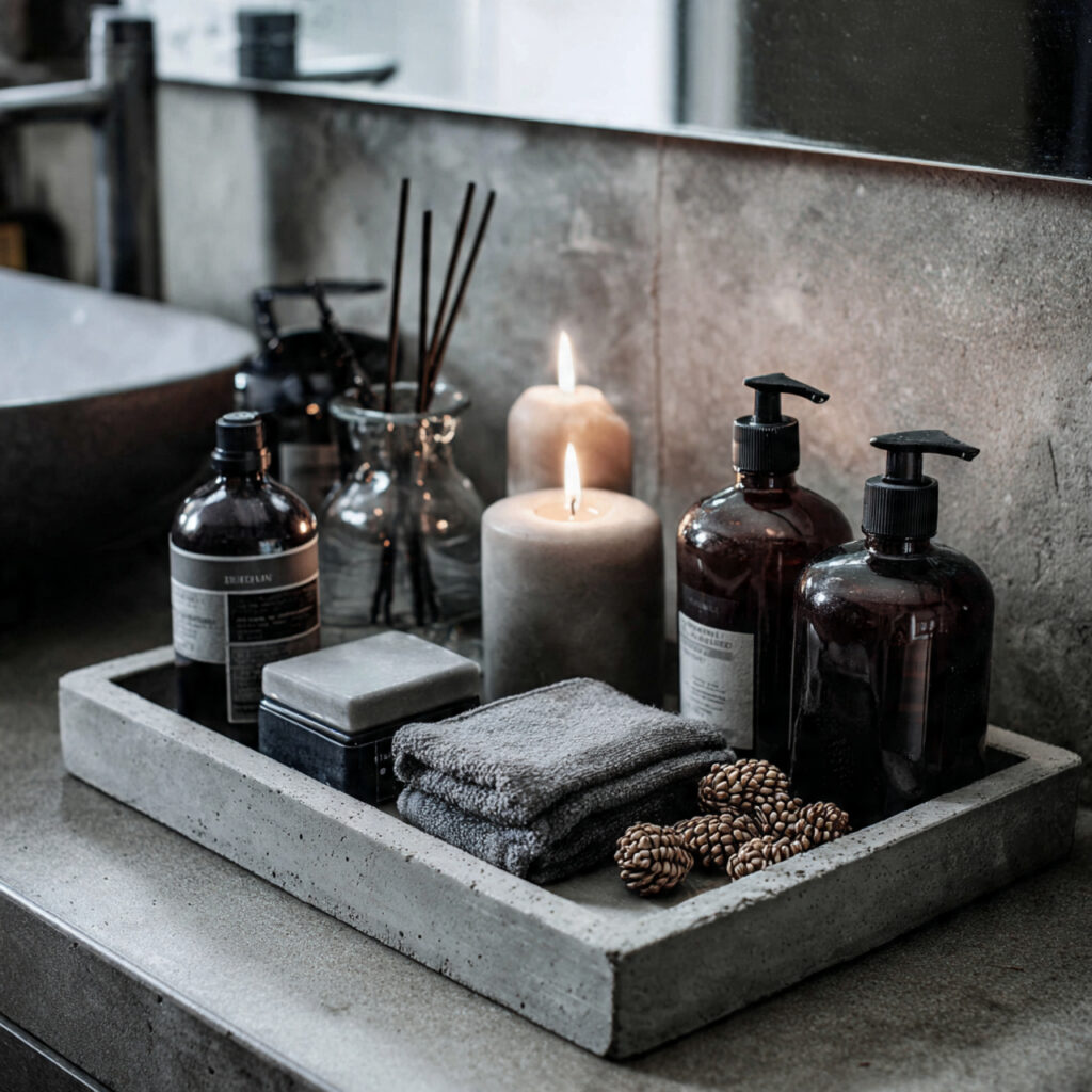 25 Best Bathroom Tray Decor Ideas to Instantly Transform Your Space 11 Concrete Tray for Industrial Style
