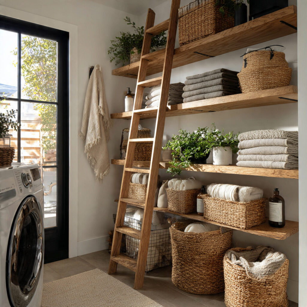 23 Creative Laundry Room Shelves to Maximize Space and Style 9 Corner Ladder Shelves