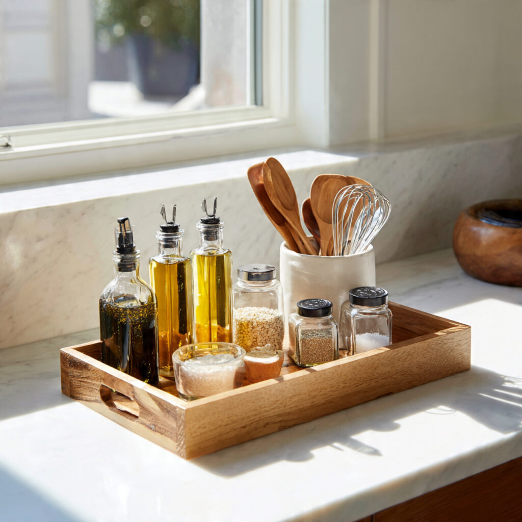 25 Smart Kitchen Counter Organization Ideas to Cut Clutter Fast 3 Corral Everyday Items on a Tray