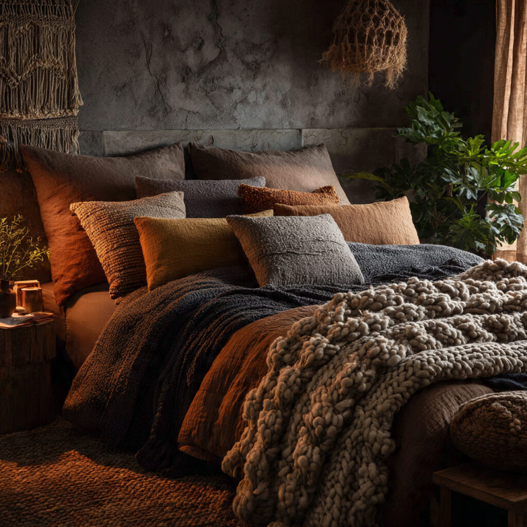 25 Dark Boho Bedroom Ideas for a Cozy, Moody & Stylish Retreat 1 Cozy Layered Textures