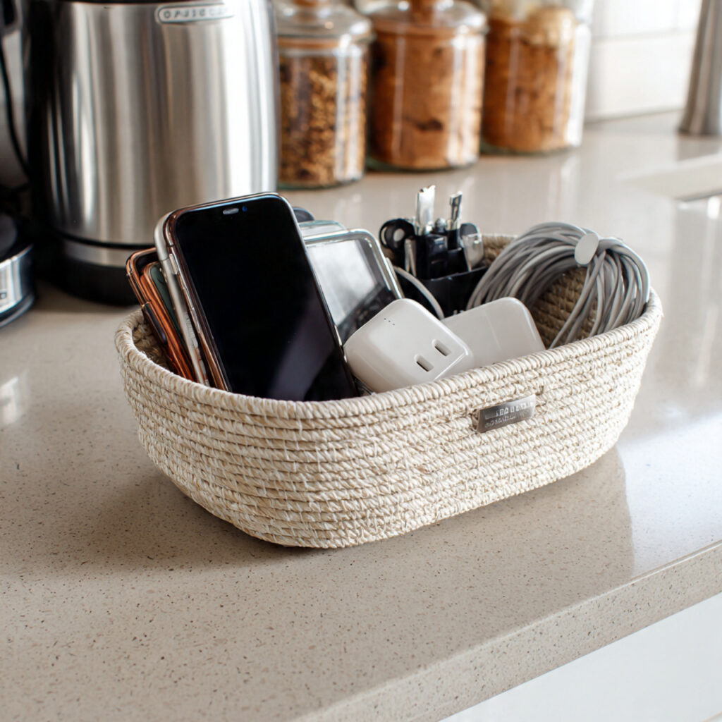 25 Smart Kitchen Counter Organization Ideas to Cut Clutter Fast 20 Create a Charging Basket or Drawer