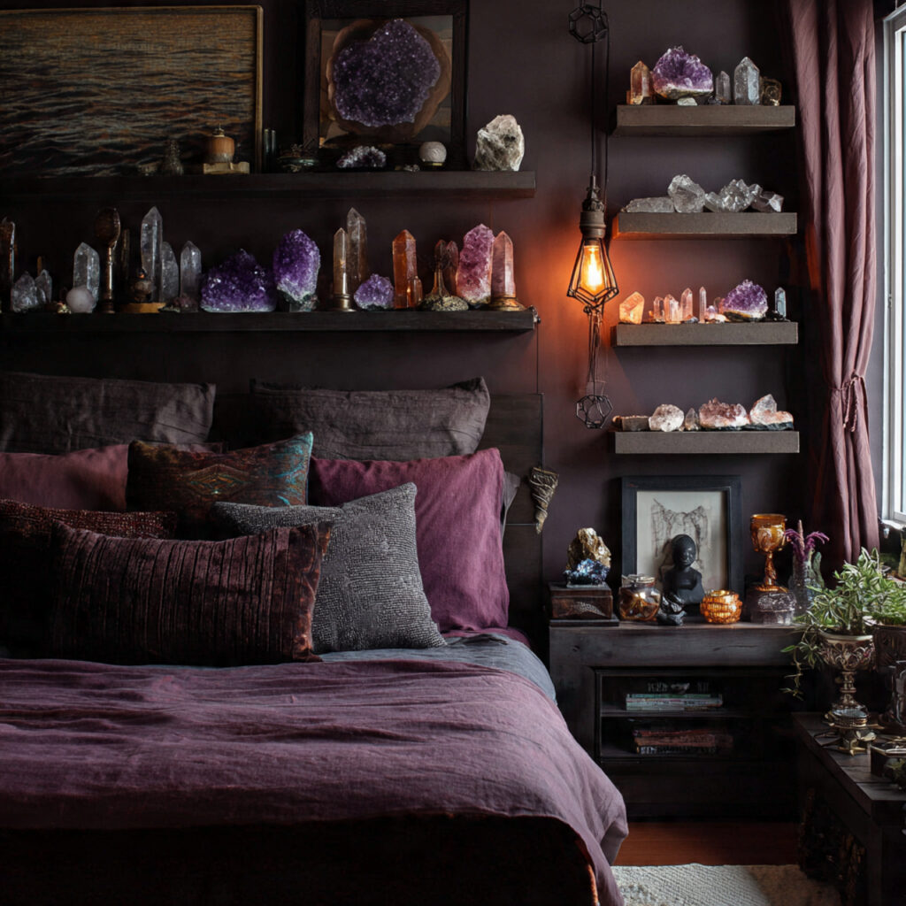 25 Dark Boho Bedroom Ideas for a Cozy, Moody & Stylish Retreat 20 Crystal Decor