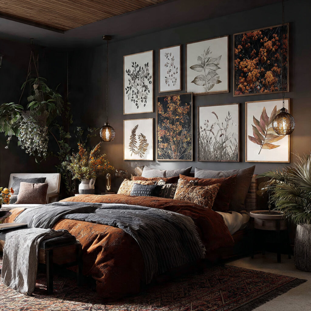 25 Dark Boho Bedroom Ideas for a Cozy, Moody & Stylish Retreat 21 Dark Botanical Prints