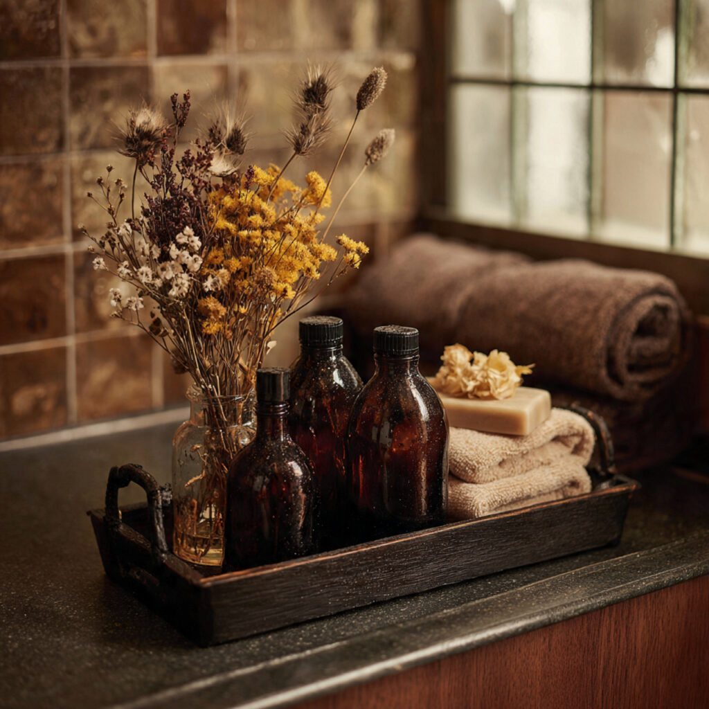 25 Best Bathroom Tray Decor Ideas to Instantly Transform Your Space 23 Dark Wood Tray with Earthy Elements