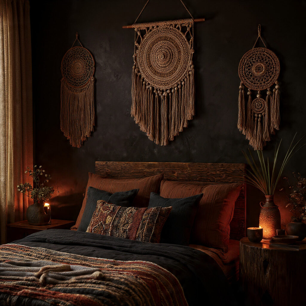 25 Dark Boho Bedroom Ideas for a Cozy, Moody & Stylish Retreat 14 Dreamcatchers or Macramé
