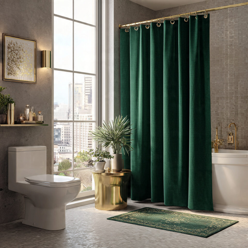25 Stunning Emerald Green Bathroom Designs for a Luxe Refresh 24 Emerald Green Shower Curtain Focus