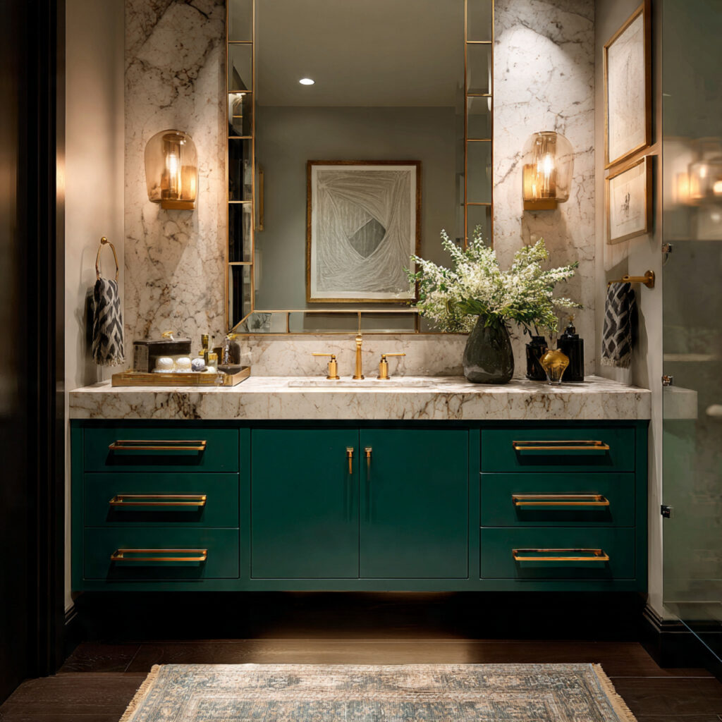 25 Stunning Emerald Green Bathroom Designs for a Luxe Refresh 2 Emerald Green Vanity with Gold Hardware