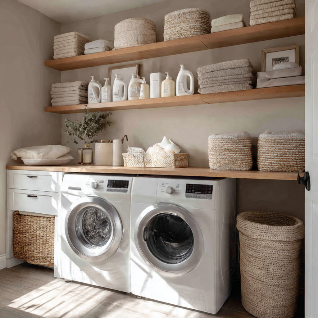 23 Creative Laundry Room Shelves to Maximize Space and Style 14 Floating Shelves with Lighting