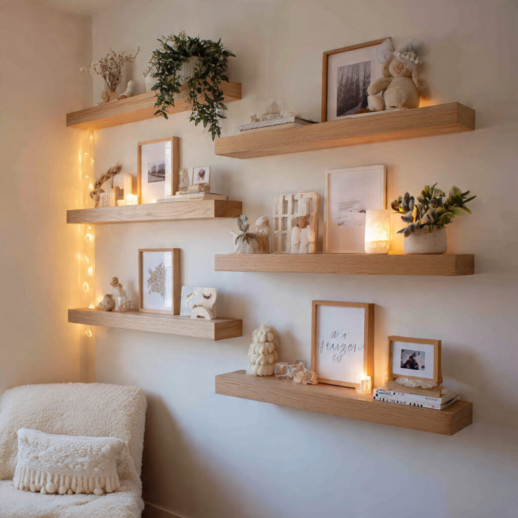 25 Boho Nursery Inspiration: Create a Calm, Stylish Baby Room You’ll Love 19 Floating Shelves with Curated Décor