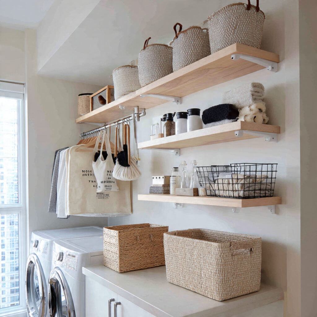 23 Creative Laundry Room Shelves to Maximize Space and Style 8 Floating Shelves with Hooks