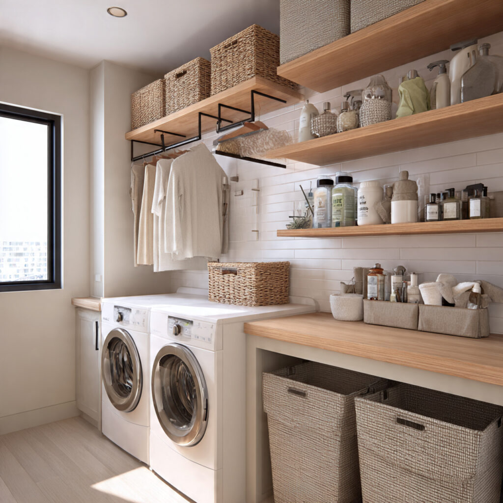 23 Creative Laundry Room Shelves to Maximize Space and Style 22 Floating Shelves with Sliding Baskets
