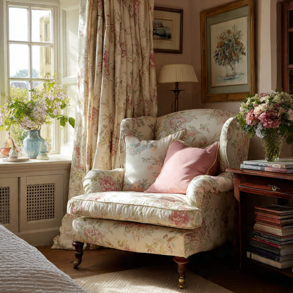 25 Charming English Cottage Bedroom with These Décor Tips 15 Floral Upholstered Chairs