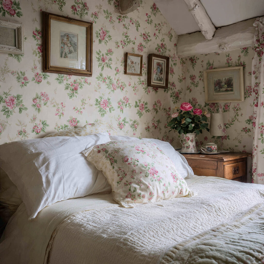 25 Charming English Cottage Bedroom with These Décor Tips 4 Floral Wallpaper
