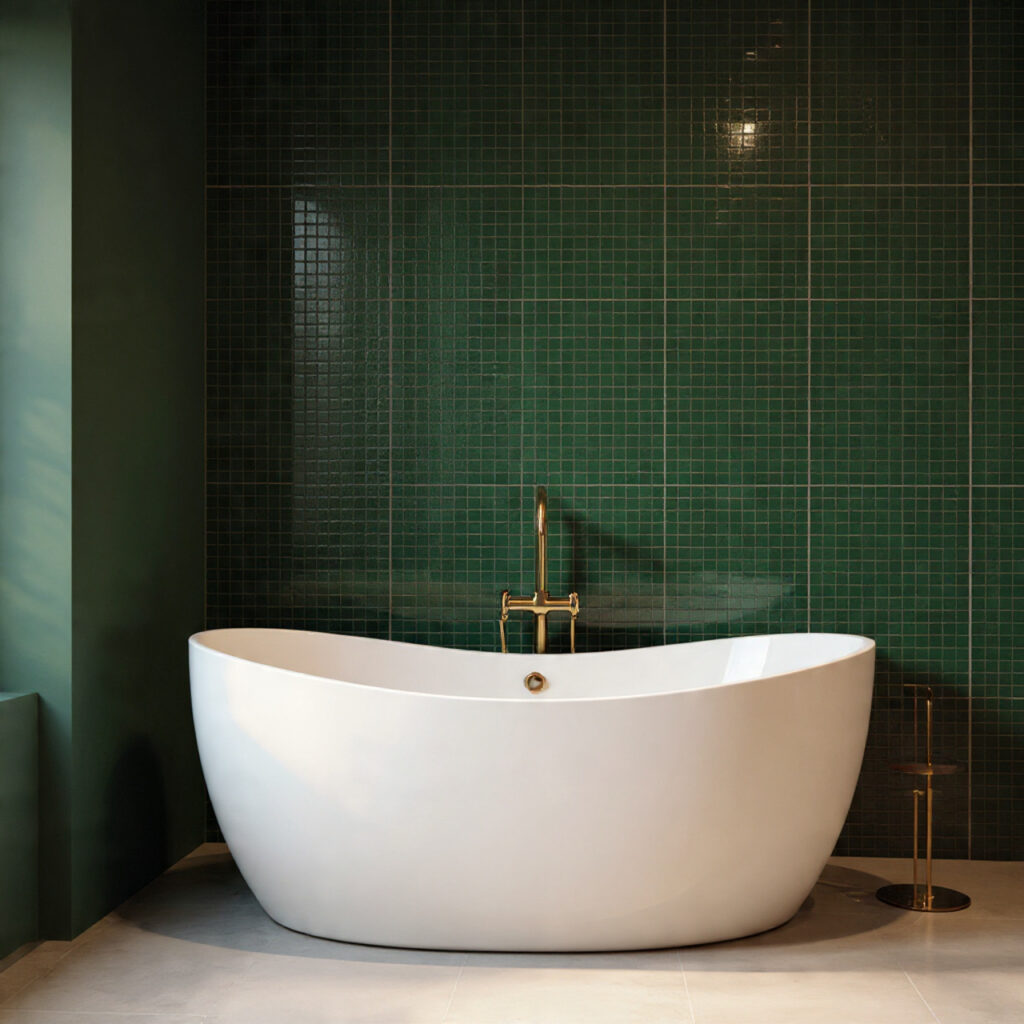 25 Stunning Emerald Green Bathroom Designs for a Luxe Refresh 10 Freestanding Tub Against Emerald Tile
