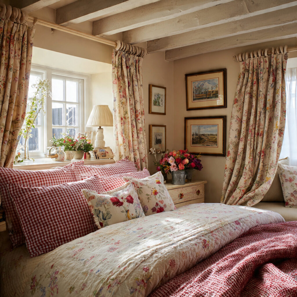 25 Charming English Cottage Bedroom with These Décor Tips 11 Gingham Accents