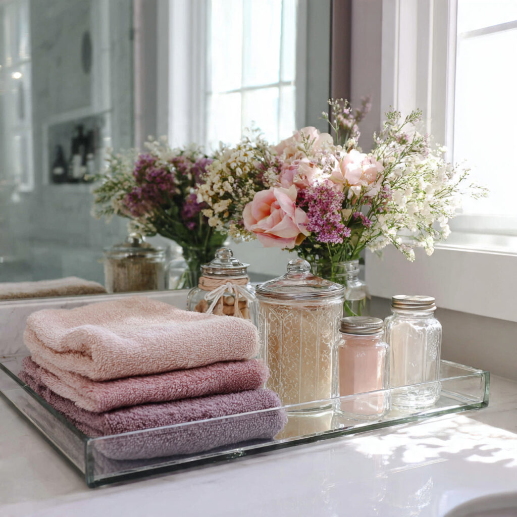 25 Best Bathroom Tray Decor Ideas to Instantly Transform Your Space 7 Glass Tray for an Airy, Delicate Touch