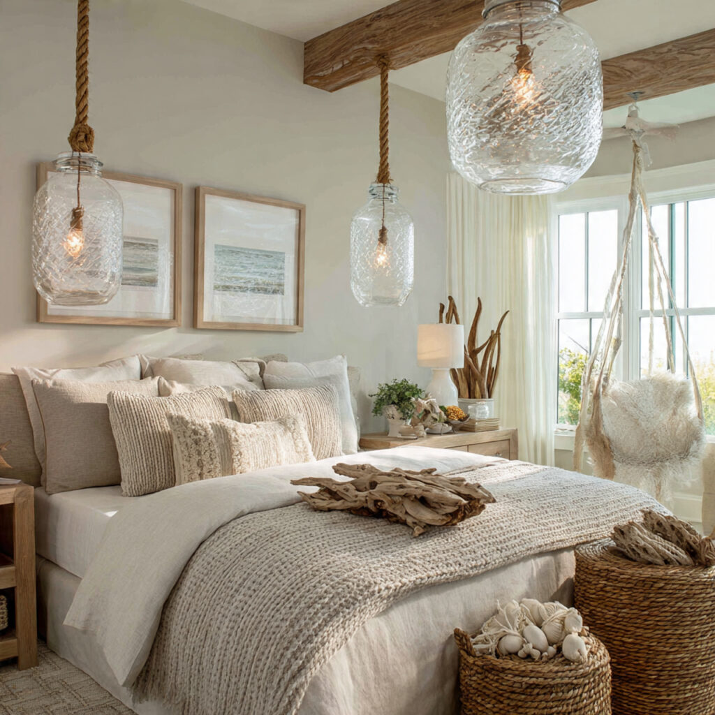 25 Beachy Bedroom Ideas to Create a Calm, Coastal Escape at Home 12 Glass and Rope Decor