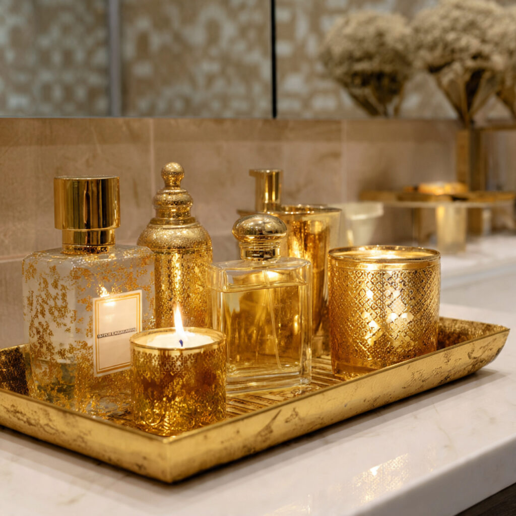 25 Best Bathroom Tray Decor Ideas to Instantly Transform Your Space 15 Gold Metal Tray for Glamorous Flair