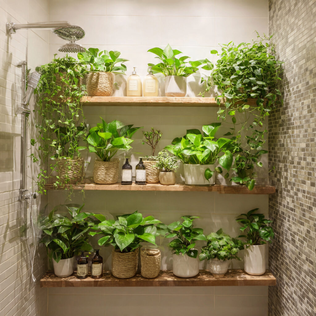 25 Bathroom Shelf Decor Ideas to Refresh Your Space Instantly 9 Greenery and Living Plants