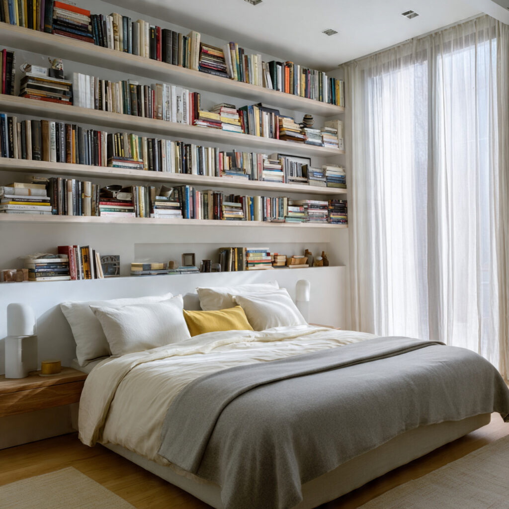 25 Stylish Bedroom Bookshelves Ideas to Transform Your Space Beautifully 8 High Wall Shelves Near the Ceiling