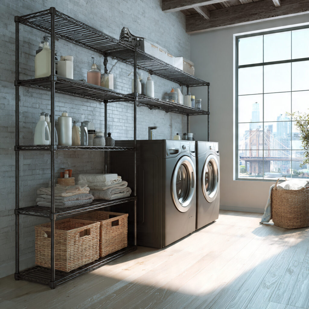 23 Creative Laundry Room Shelves to Maximize Space and Style 11 Industrial Metal Shelves