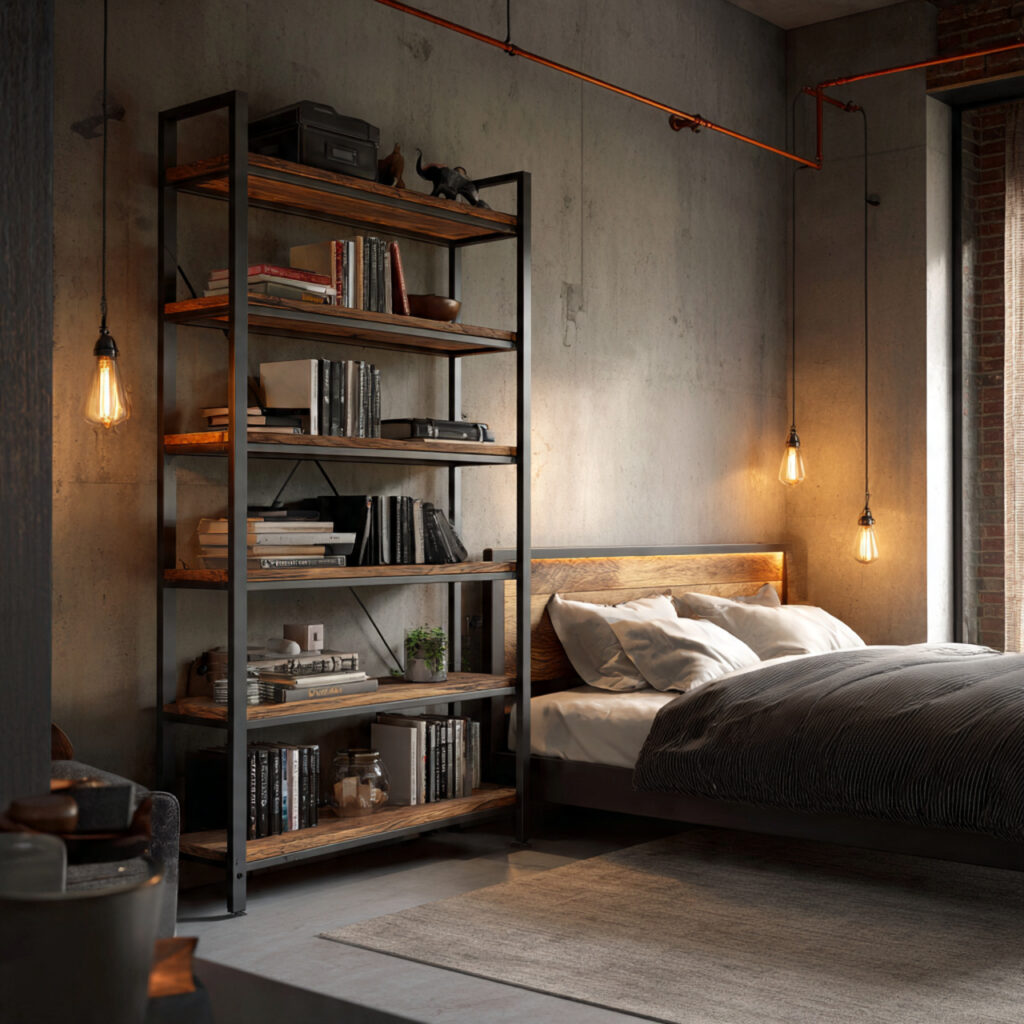 25 Stylish Bedroom Bookshelves Ideas to Transform Your Space Beautifully 11 Industrial Metal-and-Wood Bookshelves