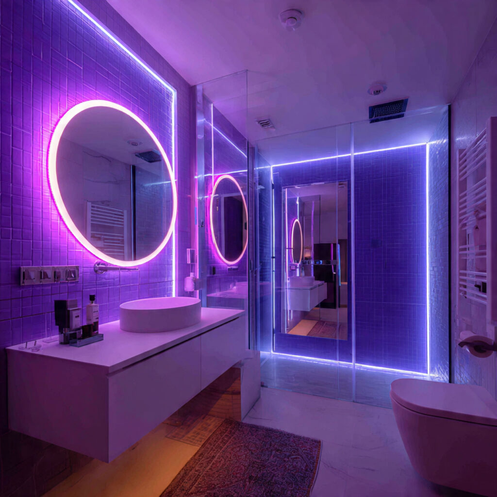 25 Fun Bathroom Decor Ideas to Brighten Your Space Instantly 13 LED or Colorful Lighting